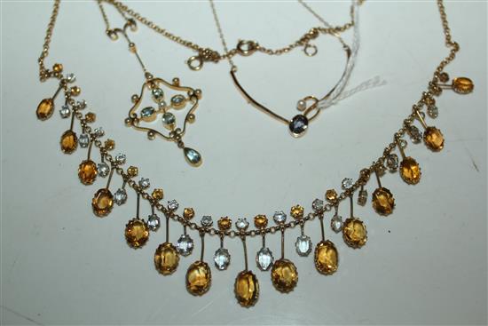 Yellow metal, amethyst & pearl wishbone pendant, pearl & aquamarine pendant on chain & a citrine/paste-set fringe necklace (3)